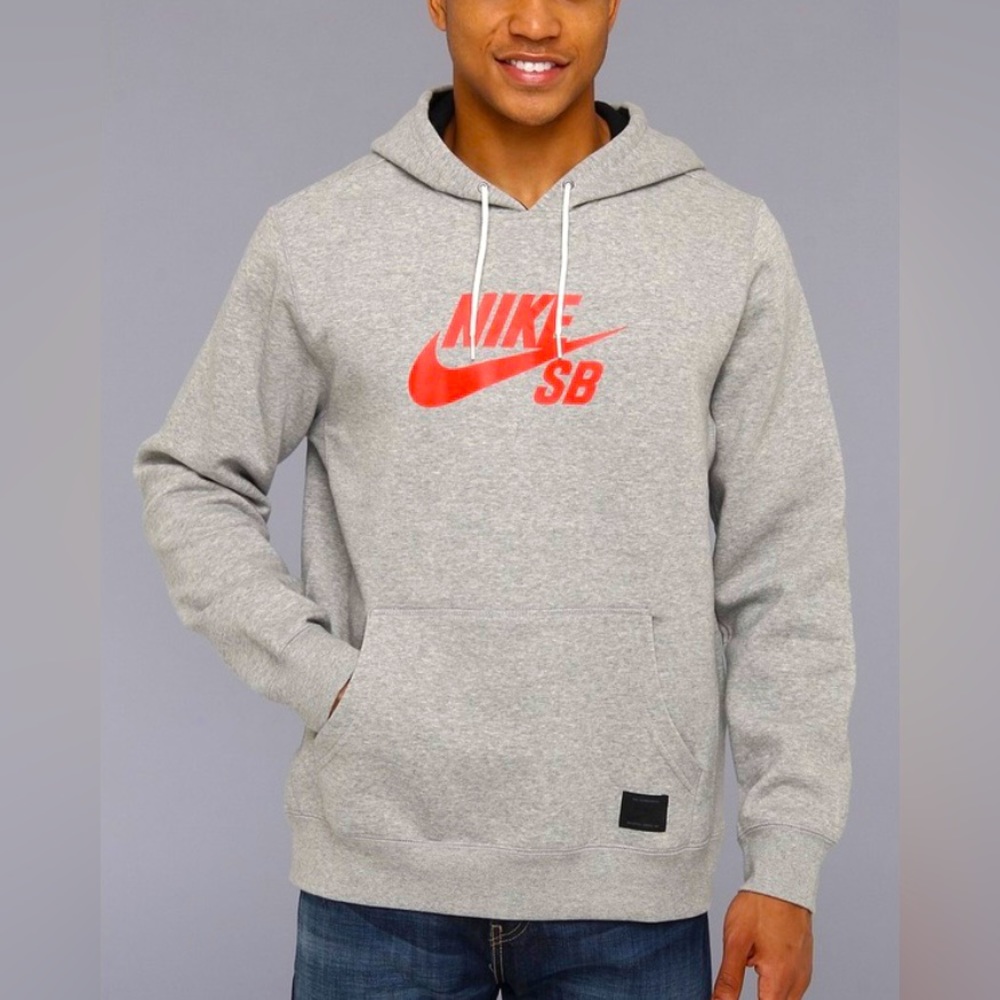 Nike SB Orange Icon Skateboarding Pullover Hoodie Heather Gray Men's Size S